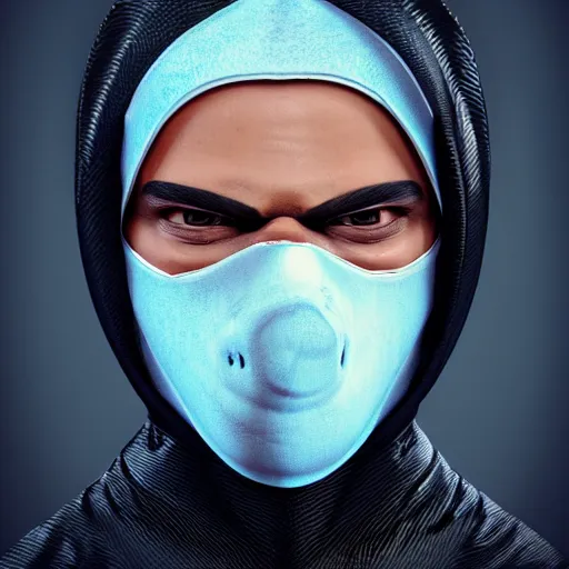 Image similar to a highly detailed, portrait of a man with black hair with a black medical mask, in a hood in the form of a blue shark with white teeth, artstation, DeviantArt, professional, octane render, digital art