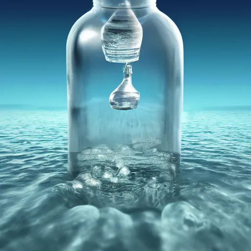 Image similar to a human head in a bottle, on the ocean water, surreal, 3 d art, 3 d render, futuristic, glowing, hyper realistic, ray tracing, realistic water splashes, sharp focus, long shot, 8 k resolution, cinematic, photoshop art