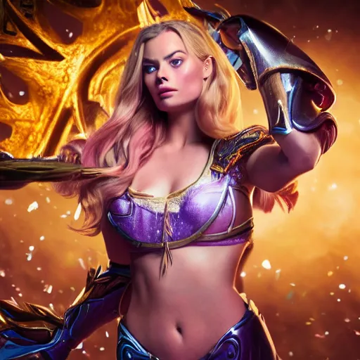 Image similar to hyper realistic action shot of Lux in League of Legends played by Margot Robbie, 4k, Carl Zeiss, sigma, Tamron so 85mm, stunning arcanum backdrop, magic, ornate set design, cinematic, lute