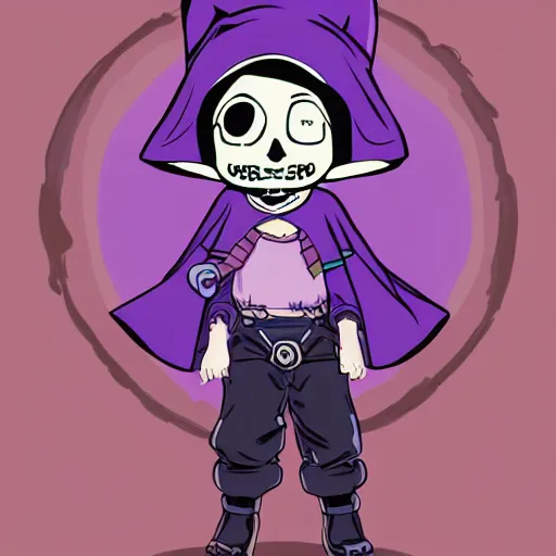 Prompt: cute little boy wearing an skull mask and dressed in an nun outfit, purple color palette, artwork made in western cartoon art syle, inspired in made in abyss and hirohiko araki, ray tracing, soft details