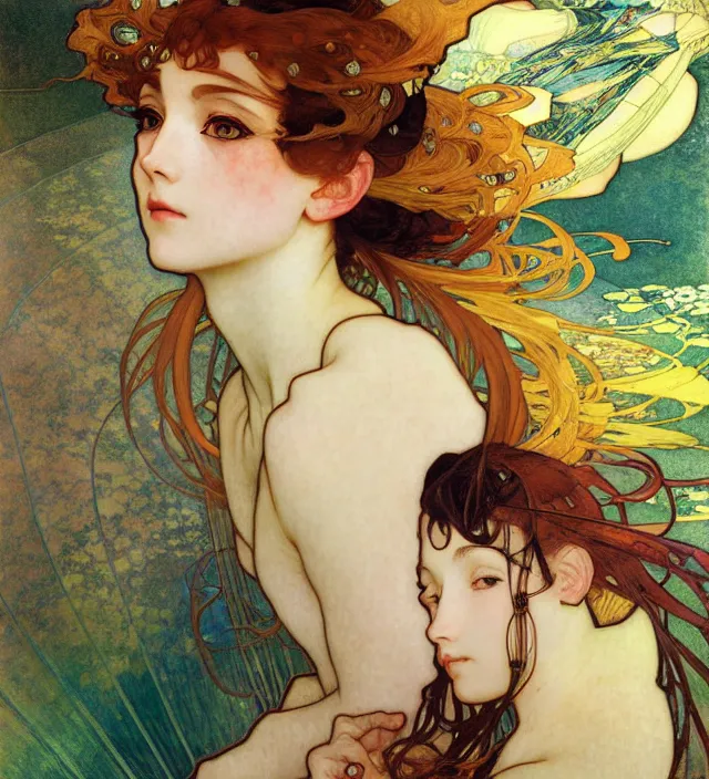 Image similar to anime girl portrait of highly details, solarpunk style,, by egon shiele and alphonse mucha, with influence of jeremy mann, peter lindbergh, dave mckean, maurice sapiro, and frank moth, soft lightning, highly detailed, 8 k