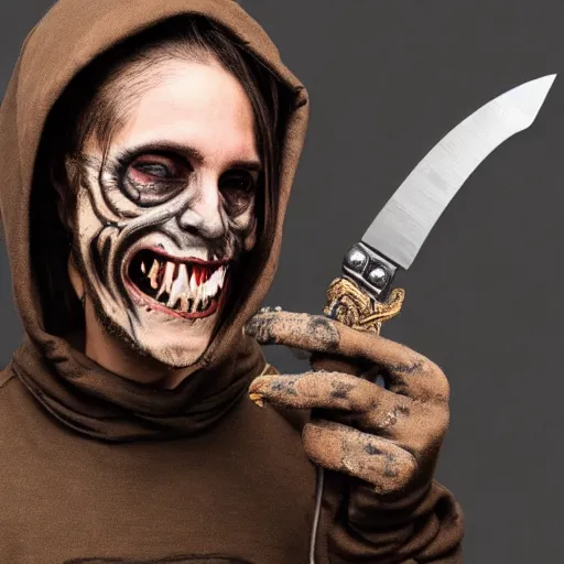 Prompt: grinning hellpunk the thieving Goblin wearing a grubby brown hoodie sweater whilst brandishing a dagger tombow