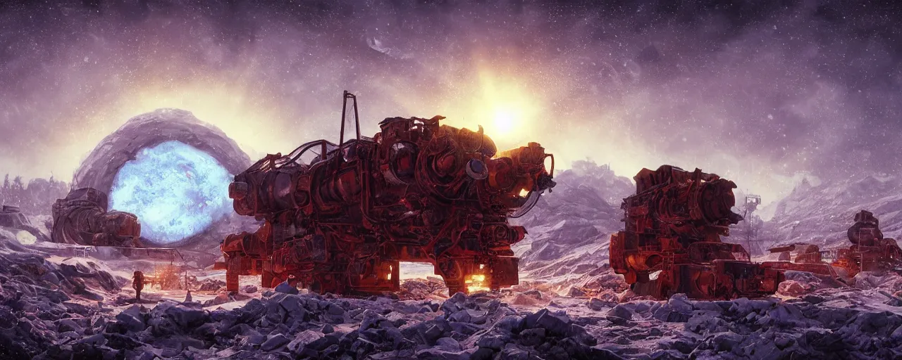 Image similar to outer planet covered with ice, steam shovel mining, art by paul lehr, cinematic, detailed, epic, widescreen, opening, establishing, matte painting, photorealistic, realistic textures, octane render