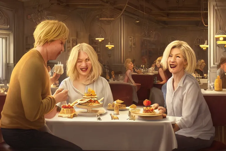 Prompt: portait of michael mcintyre and middle aged blonde woman with short hair and a blonde woman with long hair having dessert at sunday in brooklyn restaurant, anatomy, bathed in light, highly detailed, photorealistic, artstation, smooth, sharp focus, illustration, unreal engine 5, 8 k, art by artgerm and greg rutkowski and edgar maxence
