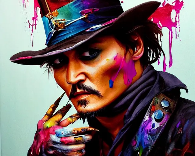 Prompt: , painting of johnny depp, paint drips, colour splash, art design, inventive, new format, futuristic painting, deep focus, d & d, fantasy, intricate, elegant, highly detailed, digital painting, artstation, concept art, matte, sharp focus, illustration, hearthstone, art by artgerm and greg rutkowski and alphonse mucha