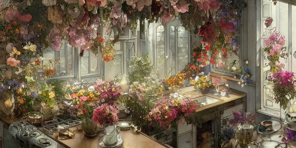 Prompt: a beautifull intricate watercolor painting of a kitchen with flowers, reflexions, verry high details, colorfull, by william turner art, by greg rutkowski, by alphonse mucha, by james jean, by rossdraws, by frank franzzeta, by sakimichan, trending on artstation, very very detailed, masterpiece,