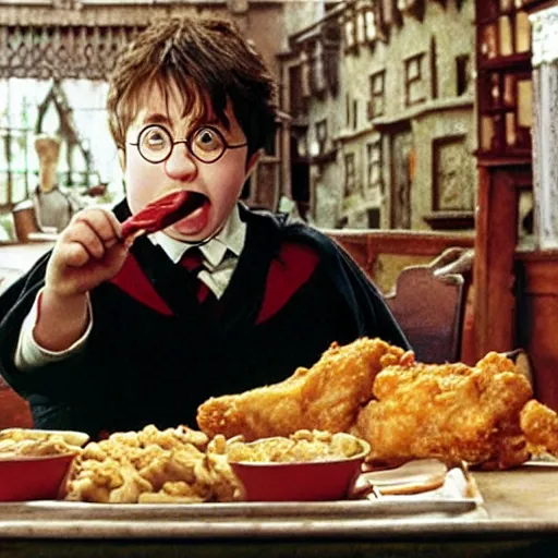 Prompt: obese harry potter eating fried chicken, movie still