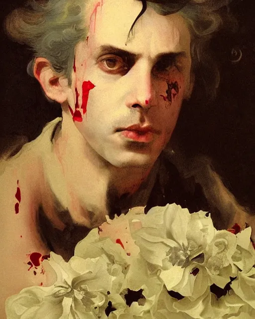 Image similar to a beautiful and eerie baroque painting of a beautiful but serious man in layers of fear, with haunted eyes and dark hair, 1 9 7 0 s, seventies, floral wallpaper, wilted flowers, a little blood, morning light showing injuries, delicate embellishments, painterly, offset printing technique, by robert henri, walter popp, alan lee