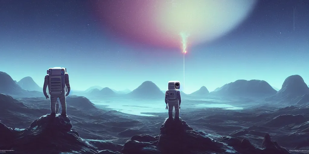 Image similar to a lonely astronaut overlooking at an amazing alien landscape, digital art, breathtaking, extremely detailed, establishing shot, hyperrealistic, dynamic lighting, particles, unreal engine, simon stålenhag, rendered by Beeple, Makoto Shinkai, syd meade, simon stålenhag, Ruan Jia, Kentaro Miura, environment concept, trending on artstation, octane render, 4K UHD image