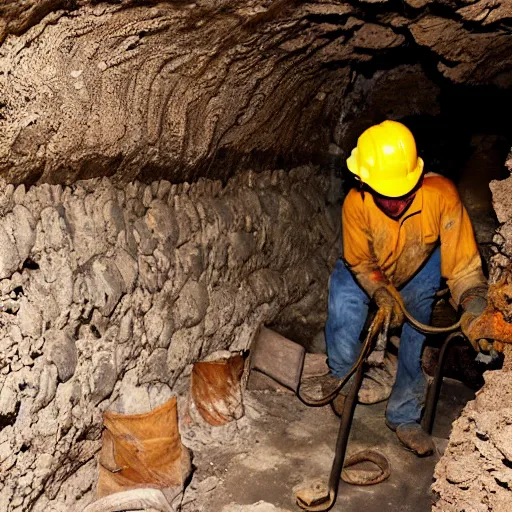 Image similar to pepe the miner in a cave, workers, construction, mining, rocks