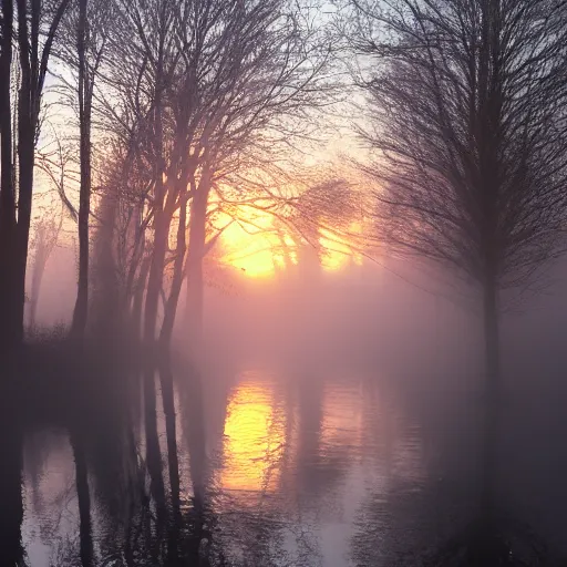 Image similar to sunrise over a foggy river, atmospheric expressionism