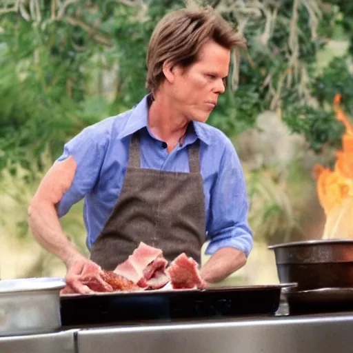 Prompt: kevin bacon making bacon