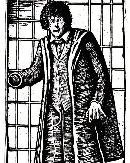 Prompt: b & w woodcut of tom baker's doctor who from the nuremberg chronicle, 1 4 9 3, restored, hq scan