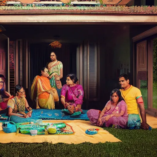 Image similar to a cinematic photograph of an Indian family inside their suburban house, by Gregory Crewdson, shot on phase one large format digital camera, natural lighting, 8K,