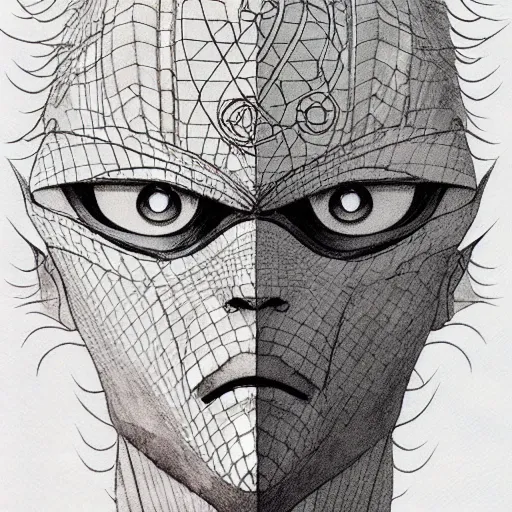 Image similar to prompt: Fragile looking vessel portrait face drawn by Katsuhiro Otomo, inspired by Logan Maxwell Hagege, magical and alchemical objects on the side, soft light, white background, intricate detail, intricate ink painting detail, sharp high detail, manga and anime 2000
