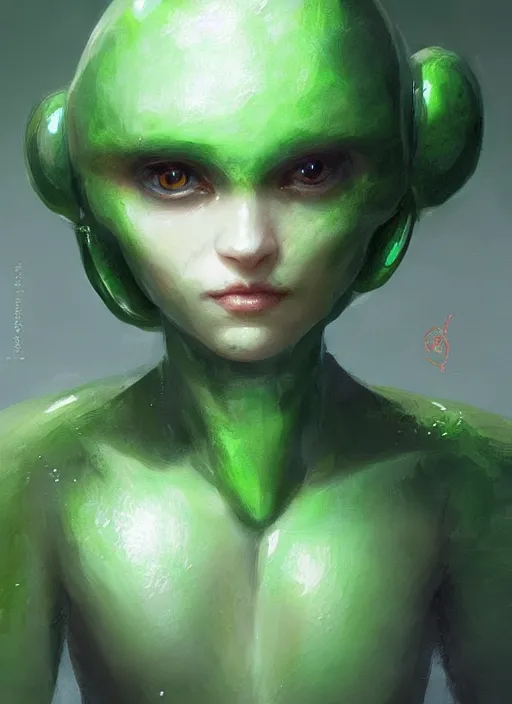 Image similar to portrait of my ethereal waifu cute innocent green slimy alien creature with adorable uwu eyes painted by greg rutkowski, wlop,,