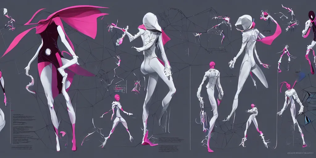 Image similar to spider gwen, character sheet, concept design, contrast, kim jung gi, greg rutkowski, zabrocki, karlkka, jayison devadas, trending on artstation, 8 k, ultra wide angle, pincushion lens effect