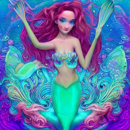 Prompt: Mermaid siren goddess, psychedelic water caustics, chromatic aberration, cute, playful, harper's bazaar, pearlescent, featured on artstation, by Lisa Frank, by Moebius, by Kelly McKernan, by Charlie Bowater, by Laura rubin, 8k