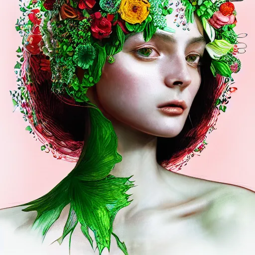 Prompt: the portrait of an absurdly beautiful, graceful, elegant, sophisticated, fashionable woman made of strawberries and green petals looking up, an ultrafine hyperdetailed illustration by kim jung gi, irakli nadar, intricate linework, bright colors, octopath traveler, final fantasy, unreal engine 5 highly rendered, global illumination, radiant light, detailed and intricate environment