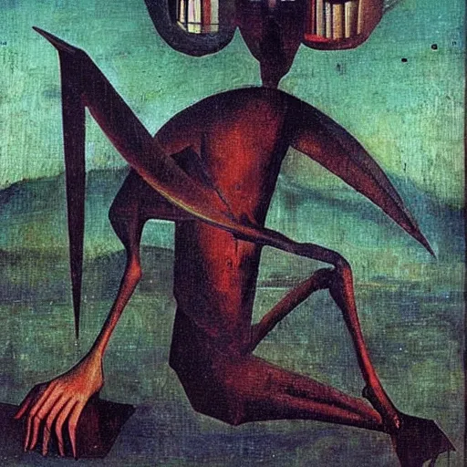 Prompt: An oil painting of a strange alien creature by Max Ernst and Hieronymus Bosch