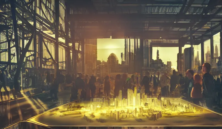 Image similar to group of people in simple warehouse, looking at hologram of futuristic city on a table, cinematic concept art, godrays, golden hour, natural sunlight, 4 k, clear details, tabletop model buildings, center model buildings, hologram center, crane shot, crane shot, crane shot