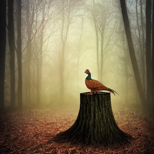 Prompt: pheasant guard sits on a stump, in deep forest, by rivuletpaper, rivuletpaper art, style by Hedgehog in the Fog , by Yuri Norstein art Mouse Guard by David Petersen, mouse photo, small details, realistic illustration, foggy atmosphere, volumetric lighting ,