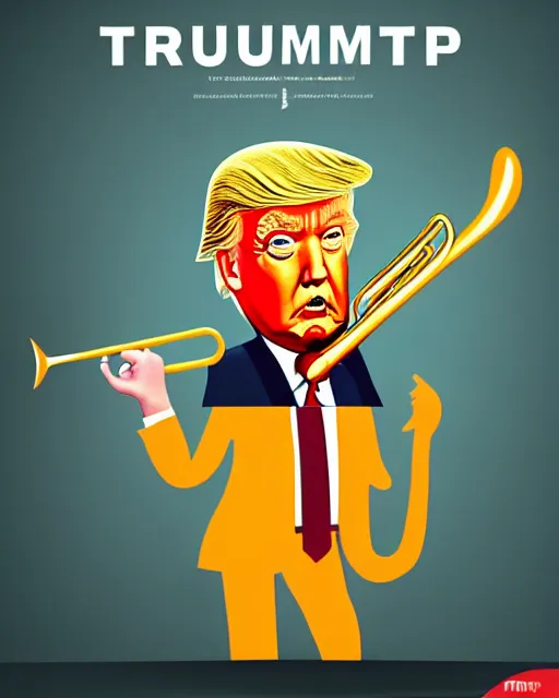 Image similar to painting portrait of trump as a trumpet, cartoon, warm lighting, trump has an trumpet, movie poster, illustration by bartek fedyczak, erak note, tooth wu, neil richards, kan liu, siwoo kim, jisu choe, trending on art station