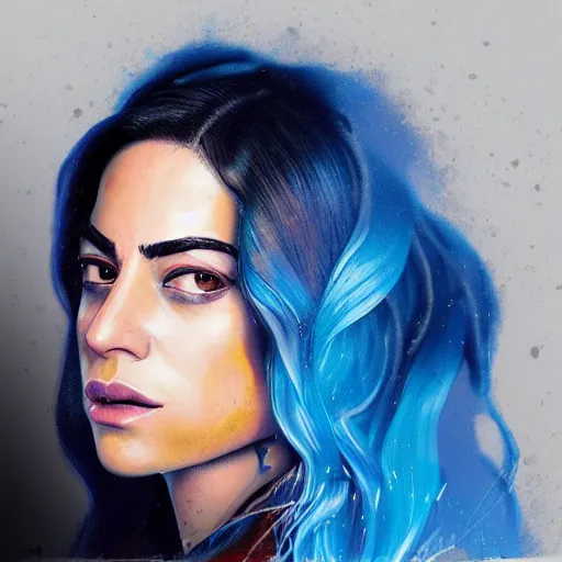 Image similar to “high detail portrait of Inbar Lavi with blue hair, digital art, concept art, neon colors, studio lightning, high contrast, sharp focus, hiperrealist, photorealist, Artstation HQ, DeviantArt, cybernetics, techwear, urban samurai, netrunner, Shadowrun, Cyberpunk 2077, Deus Ex, 4k UHD, Unreal Engine 5”