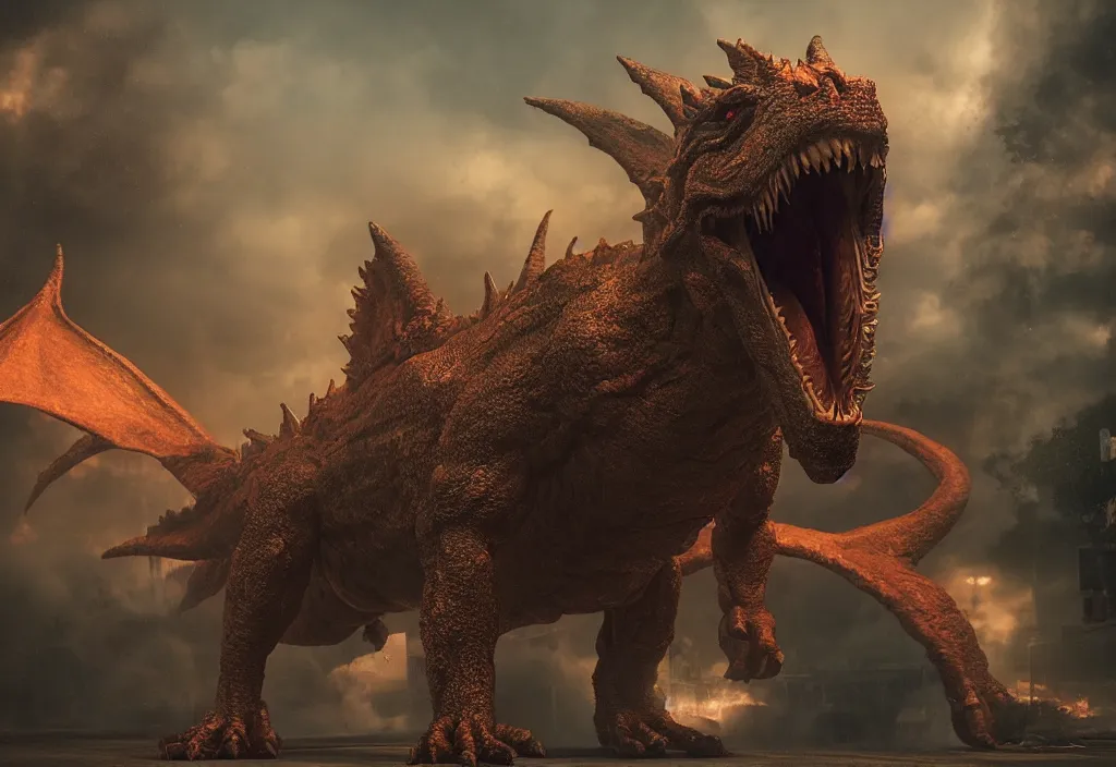 Prompt: vfx color film closeup, huge behemoth dragon monster creature beast by aaron sims, in residential street, low - key lighting award winning photography arri alexa cinematography, hyper real photorealistic cinematic beautiful, atmospheric