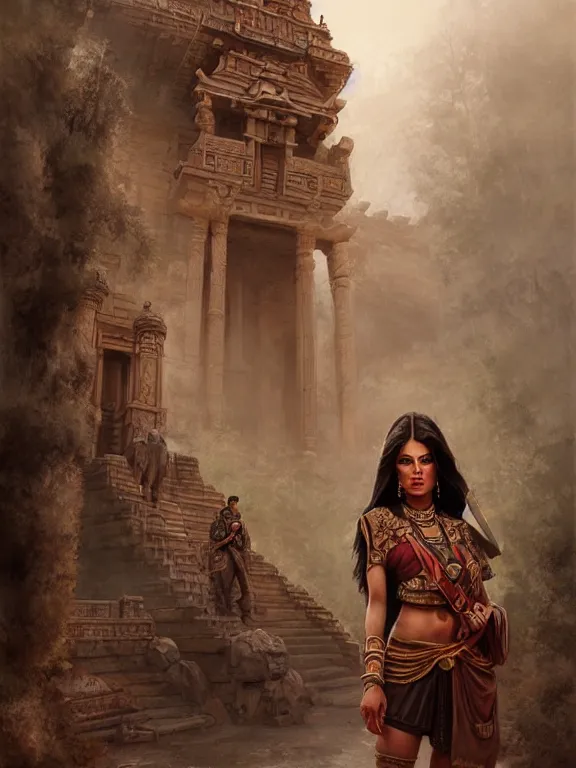 Image similar to indians jones standing in front of an ancient temple, digital painting, extremely detailed, 4 k, intricate, brush strokes, mark arian, artgerm, bastien lecouffe - deharme