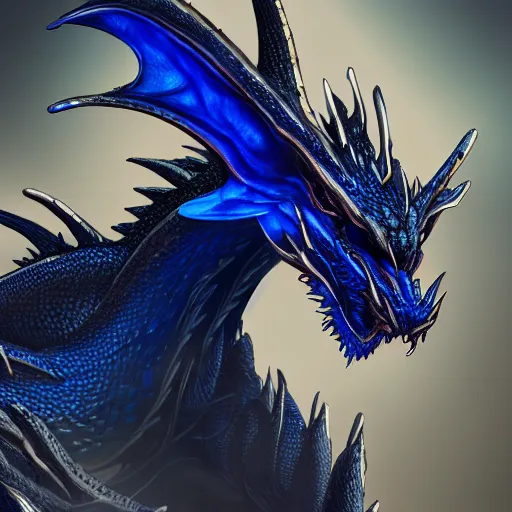 Image similar to a majestic black and blue dragon, hd, 4k, trending on artstation, award winning, 8k, 4k, 4k, 4k, very very very detailed, high quality digital art