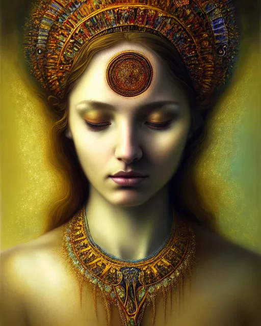 Prompt: portrait of the beautiful young goddess of fauna, unusual beauty, etheric, outworldly colours, emotionally evoking symbolic metaphors, head in focus, fantasy, ornamental, intricate, elegant, highly detailed hyperrealistic painting, artstation, concept art, painterly, golden ratio, sharp focus, illustration, art by tomasz alen kopera,