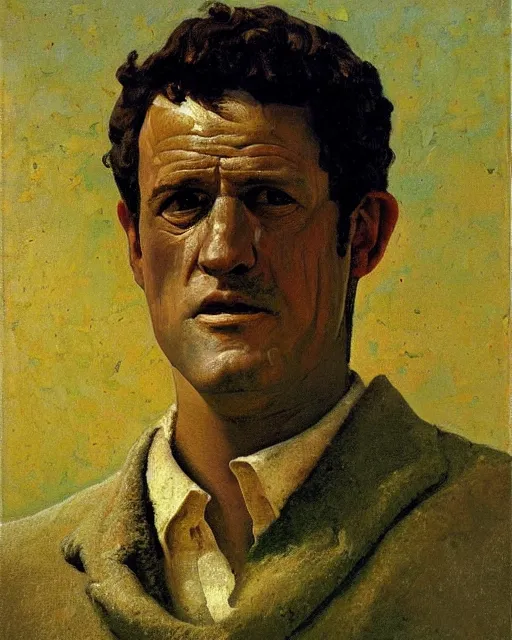 Image similar to painterly portrait, james arness, impasto, fantasy, chuck close:7, carl spitzweg:7, cinematic light, full face, symmetrical face