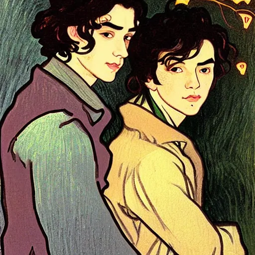 Prompt: painting of young cute handsome beautiful dark medium wavy hair man in his 2 0 s named shadow taehyung and cute handsome beautiful min - jun together at the halloween! party, bubbling cauldron!, candles!, smoke, autumn! colors, elegant, wearing suits!, clothes!, delicate facial features, art by alphonse mucha, vincent van gogh, egon schiele