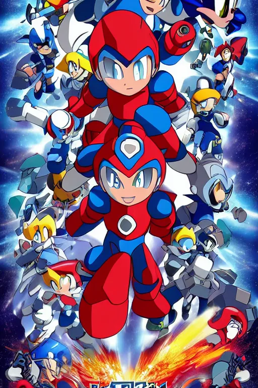 Image similar to Movie poster of Megaman Legends, Highly Detailed, Dramatic, A master piece of storytelling, created by Hideaki Anno + Katsuhiro Otomo +Rumiko Takahashi 8k, hd, high resolution print