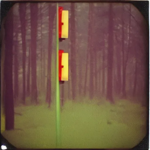 Image similar to a traffic light in the middle of a forest clearing, old polaroid, expired film, foggy, dark, surreal, eerie, creepy,