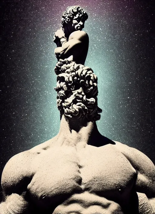 Image similar to statue of hercules, beeple, vaporwave, retrowave, tonal separation, black background, neon, black, glitch, pixel sorting, strong contrast, pinterest, trending on artstation