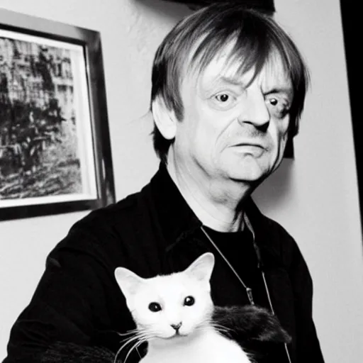 Prompt: mark e smith holding up a cat by the tail, sniffing the cat