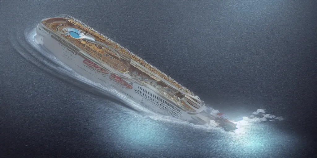 Prompt: one cruise ship sinken lying on its side in sea, dark, storm, thunderstorm unreal engine Hight detailed An epic fantastic realism dinamic lighting, Bermuda triangle
