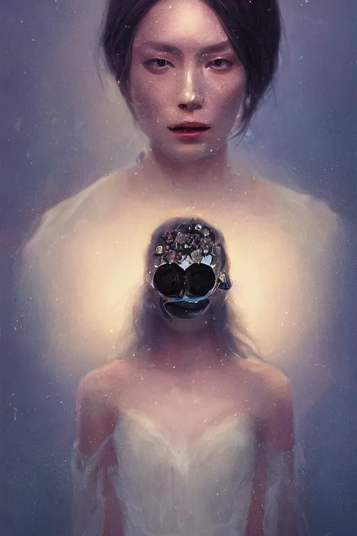 Prompt: A fancy portrait of a women with a crystal covered face by Greg Rutkowski, beeple, Sung Choi, Mitchell Mohrhauser, Maciej Kuciara, Johnson Ting, Maxim Verehin, Peter Konig, final fantasy, macro lens, 35mm, 8k photorealistic, cinematic lighting, HD, high details, dramatic, dark atmosphere, trending on artstation