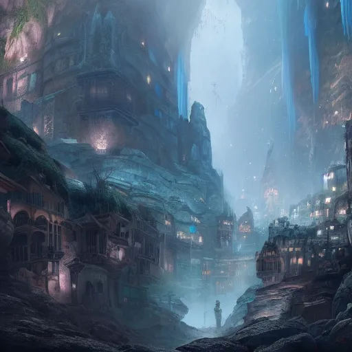 Image similar to A highly detailed 4K fantasy matte painting of city in cave. ArtStation, CGSociety, Unreal Engine