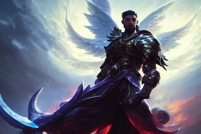 Image similar to amazing portrait of archangel micheal, league of legends splash art, deiv calviz, splash art, natural light, elegant, intricate, fantasy, atmospheric lighting, by greg rutkowski, league of legends splash art, hd wallpaper, ultra high details