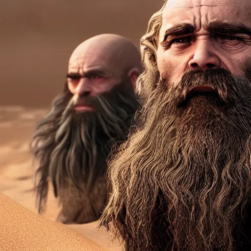 Image similar to the dwarves from the Dune movie by Denis Villeneuve, highly detailed photorealistic cinematic photoshot, high quality light postprocessing