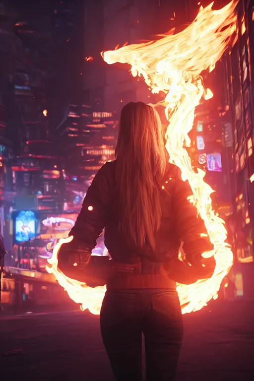 Image similar to young blonde woman from behind with flames dancing on her hands with a long jacket in a cyberpunk city, realistic, high definition, 4K, shimmering color, art of unreal engine 5