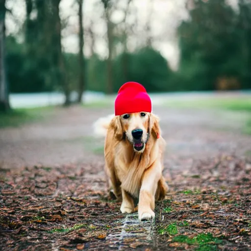 Prompt: photography of a golden _ retriever with a red cap, cinematic film, bokeh