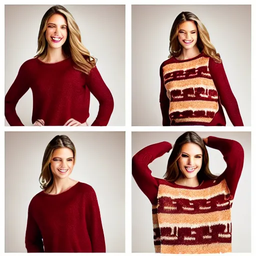 Prompt: model wearing a sweater of bacon weave!, product photo, jc penny catalog