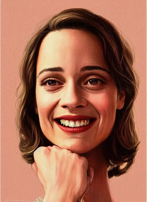 Image similar to twin peaks movie poster art, portrait of a smiling alicia vikander, from scene from twin peaks, clean, simple illustration, nostalgic, domestic, highly detailed, digital painting, artstation, concept art, smooth, sharp focus, illustration, artgerm, donato giancola, joseph christian leyendecker, wlop