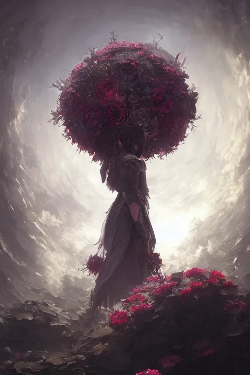 Prompt: a fancy portrait of a giant floating flower by Greg Rutkowski, Sung Choi, Mitchell Mohrhauser, Maciej Kuciara, Johnson Ting, Maxim Verehin, Peter Konig, Bloodborne , 8k photorealistic, cinematic lighting, HD, high details, atmospheric , trending on artstation