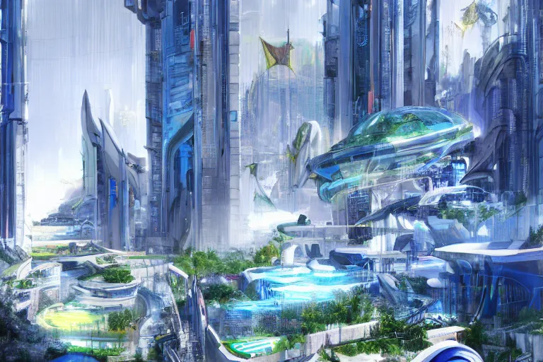 Prompt: futuristic cyberpunk city with Singaporean lush garden with royal blue and green and white and luxurious gold colors at Pamukkale, thermal waters flowing down white travertine terraces, intricate, elegant, luxurious, digital painting, concept art, smooth, sharp focus, from Star Trek 2021, illustration, by WLOP and Ruan Jia and Mandy Jurgens and William-Adolphe Bouguereau, Artgerm