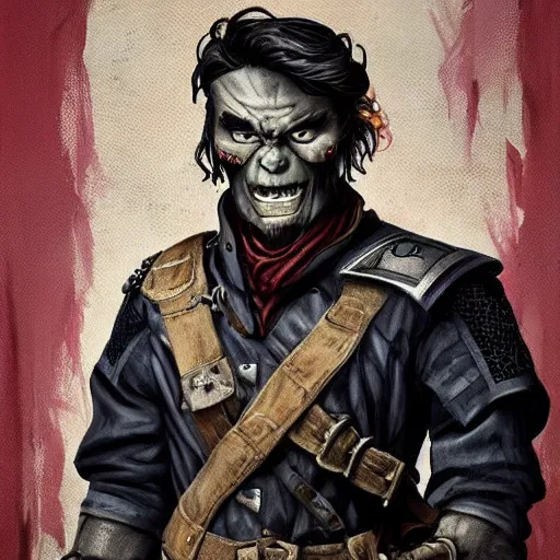 Image similar to a middle aged half orc with intelligent eyes, wearing a bemused fanged smile on his face. dressed in a patchwork military uniform jacket with cut sleeves, runic arm tattoos, digital painting, art by magali villeneuve